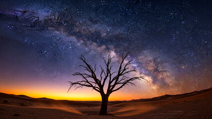 Bare Tree Silhouette Against Starry Night Sky