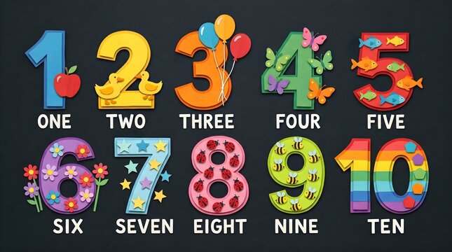 Colorful numbers 1-10, kids education, colorful numerals, decorative digits, learning numbers set