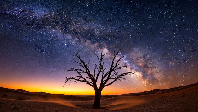 Bare Tree Silhouette Against Starry Night Sky