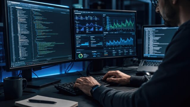 Programmer at a dark workstation typing code on a multi‐monitor setup showing source code and analytics dashboards