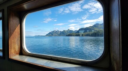 Fototapeta premium Scenic mountain landscape through window frame view.