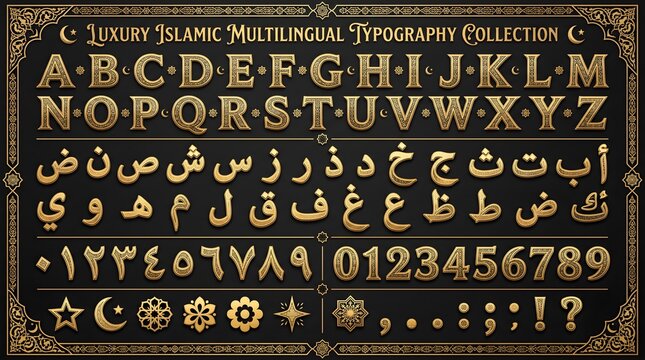 Luxury Islamic gold typography collection, multilingual alphabet, Arabic script, decorative font