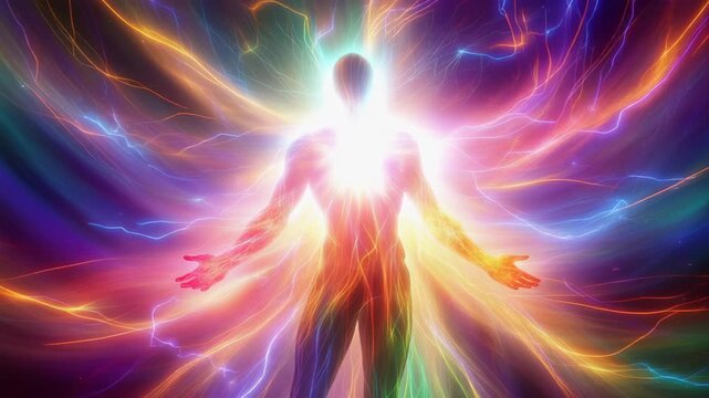 Luminous human silhouette radiating multicolored cosmic energy with a radiant heart and outstretched arms, surrounded by swirling auric light and nebula patterns suggesting spiritual awakening
