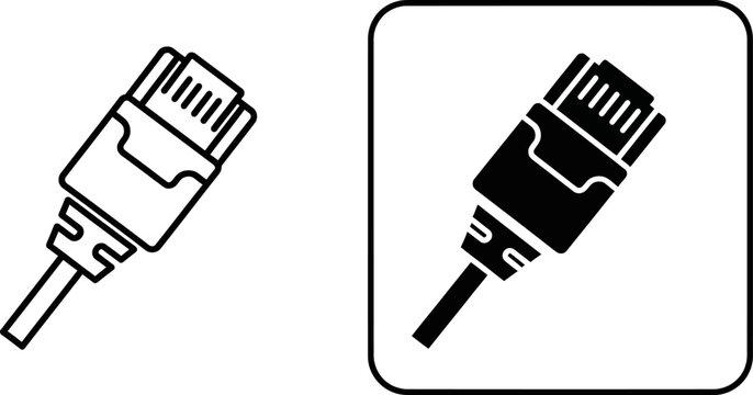 Ethernet connector icon in outline and solid styles on white background for technology concepts