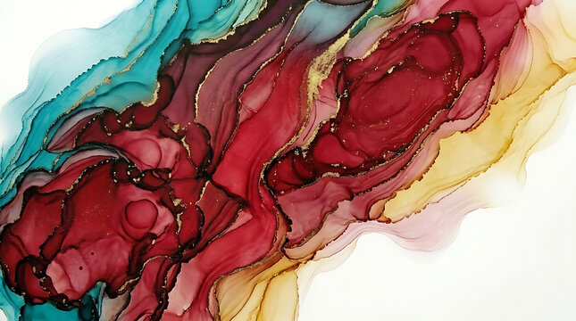 Luxury Teal Burgundy Alcohol Ink Fluid Art With Gold Accents  