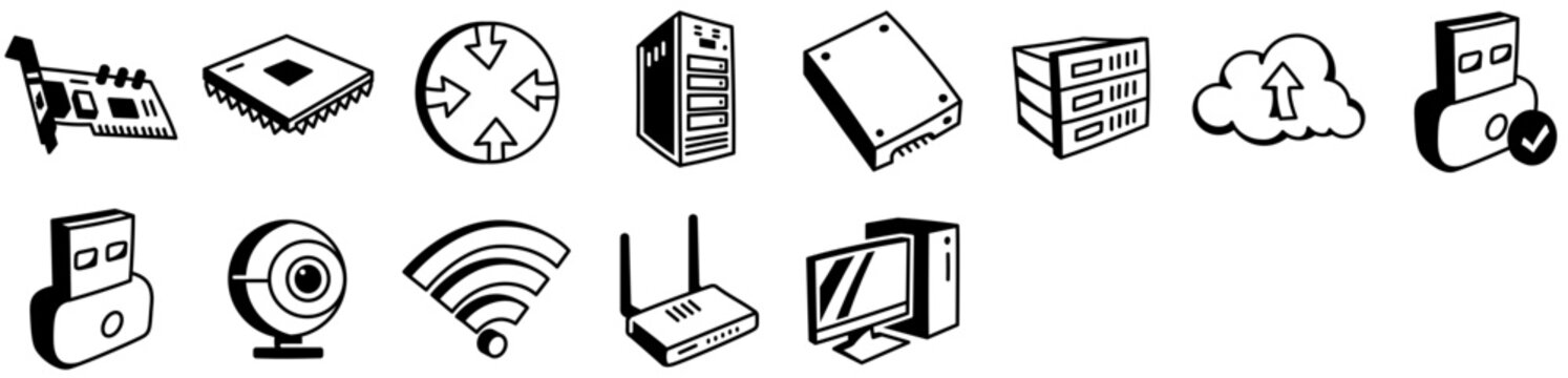 Computer Hardware & Network Icons Set including server, cloud, usb, wifi, hard drive, router, processor