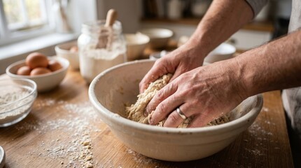 Fototapeta premium Hands Mixing Dough in Ceramic Bowl