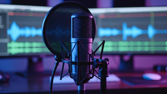 Professional Condenser Microphone Standing on Desk with Dual Audio Waveform Monitors