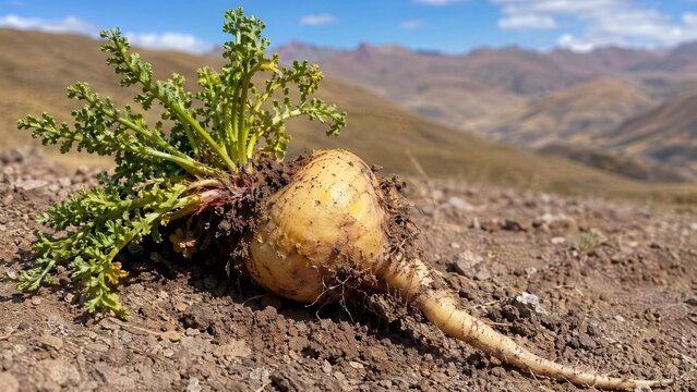 Single root resembling a turnip, freshly pulled from dry soil.
