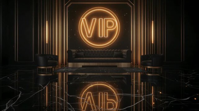 VIP lounge interior featuring elegant black leather furniture and glowing neon signage in a modern luxury motion video background loop