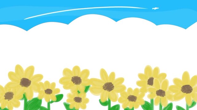 かわいい♪揺れるひまわり、青空と入道雲、飛行機雲がスーっと。