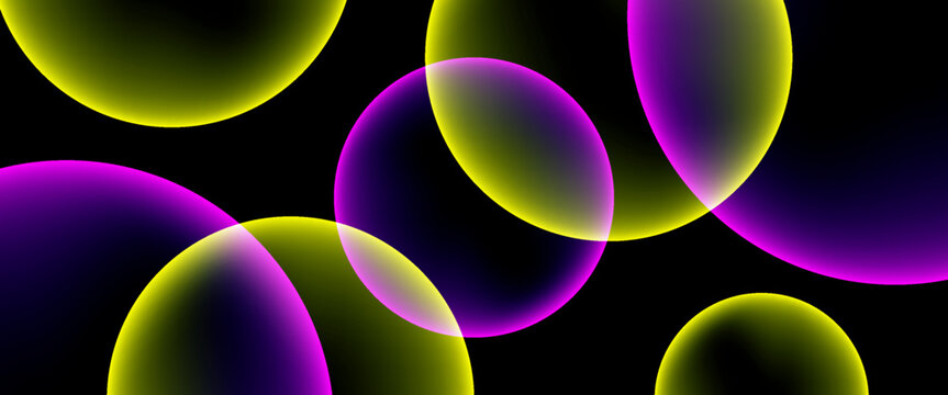 Abstract background with glowing purple and yellow transparent spheres on black. Neon light geometric circles pattern vector illustration for wallpaper, banner, or presentation