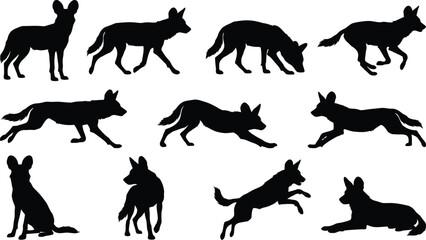 Fototapeta premium African Wild Dog Silhouettes Pack Dynamic Wildlife Vector Collection Isolated on transparent Background