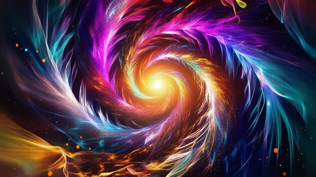 Vibrant cosmic spiral vortex of multicolored nebula clouds and luminous energy swirling toward a radiant core, an abstract galactic whirlpool evoking motion, light and wonder