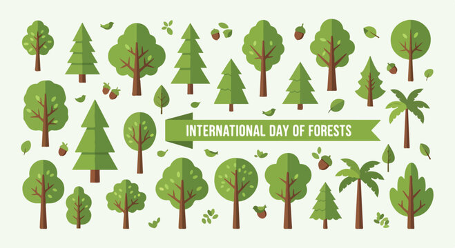 A digital illustration of trees and foliage celebrating International Day of Forests