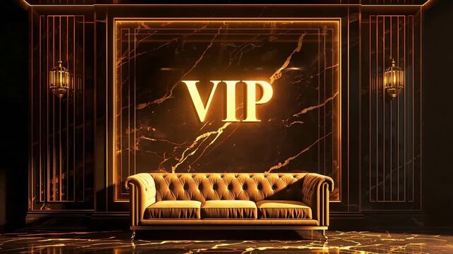 VIP lounge interior featuring a luxurious velvet sofa against black marble walls with glowing golden signage motion video background