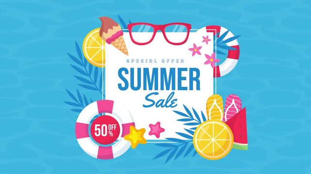 Summer Sale Fiesta: Vibrant summer sale graphic featuring iconic beach elements like sunglasses, ice cream, flip-flops, and lifebuoys, all set against a cool blue watery backdrop.