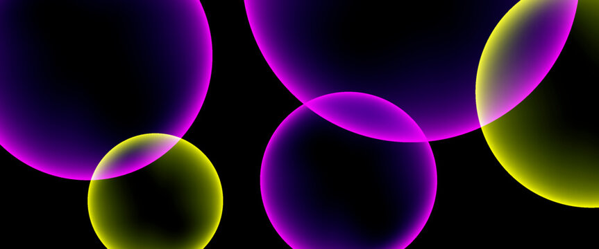 Abstract background with glowing purple and yellow transparent spheres on black. Neon light geometric circles pattern vector illustration for wallpaper, banner, or presentation