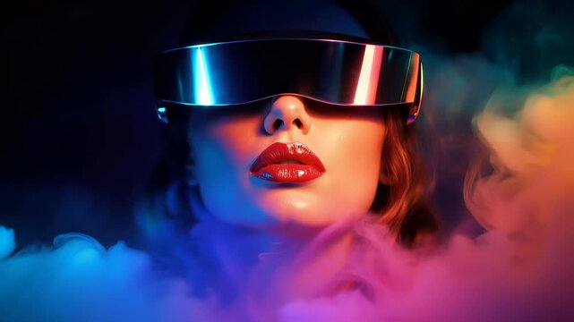 Futuristic portrait of a woman wearing a reflective mirrored visor and VR headset surrounded by vivid neon smoke and colorful ambient lighting, glossy red lips and cyberpunk style