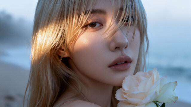 oft light glows through her hair. She holds a pale rose close to her cheek. Her gaze is gentle, thoughtful, serene. The ocean whispers behind her in the background. Perfect for romantic, dreamy