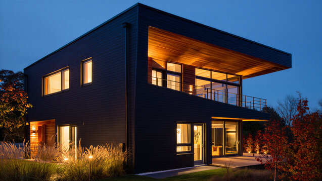 Modern boxy two story house with dark siding and illuminated balcony at night, architecture