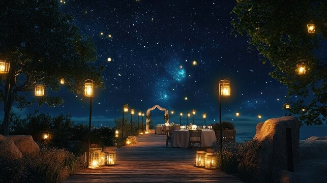 A romantic outdoor dinner setup on a wooden deck under a starry night sky with warm glowing lanterns.