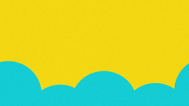 Abstract yellow background with turquoise blue wavy cloud shapes at the bottom. Minimalist flat design backdrop with subtle grain texture for children or summer event