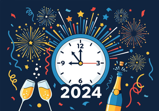 A clock strikes midnight amidst fireworks and celebration