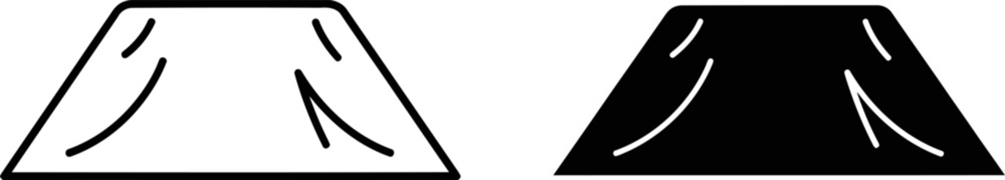 Two stylized trapezoid shapes one line art and one solid black representing a tent or shelter