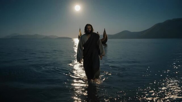 Jesus walking on water at night. Christ walking on the Sea of Galilee under a full moon. Biblical miracle scene with disciples in a boat