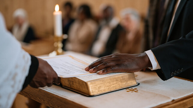 Close-up hands of a Cameroonian immigrant pastor pressing a Bible and a citizenship certificate together on a church altar, candlelit ceremony, intergenerational congregation
