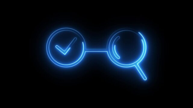 Abstract search and check icon animation  glowing neon light loopable motion graphic.