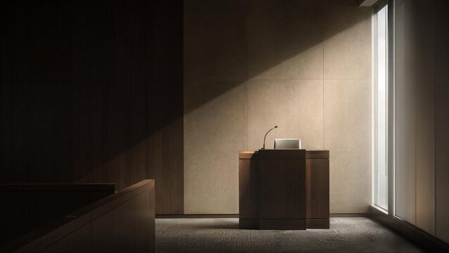 Empty arbitration room with sunlit witness stand, solemn minimalist space.