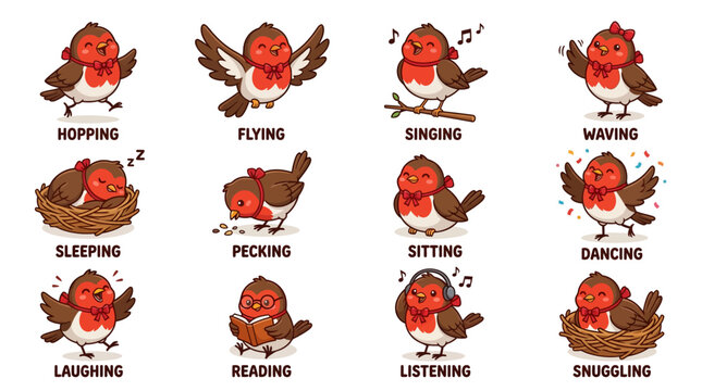 Cute robin bird character set, 12 cartoon bird icons in various poses, red breasted robin mascot collection for children education and stickers
