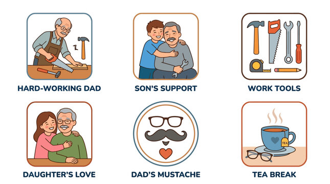 Father's Day vector icon set, hard-working dad and family love illustrations, work tools and tea break graphics for greeting cards