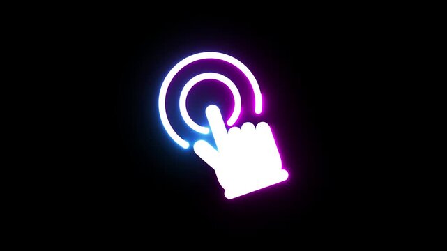 Digital cursor hand clicking on glowing circle abstract motion graphic.