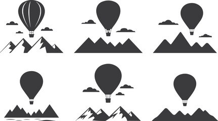 Set of Minimalist black hot air balloon above mountains for outdoor adventure travel landscape silhouette vector icon © VEC Wizard