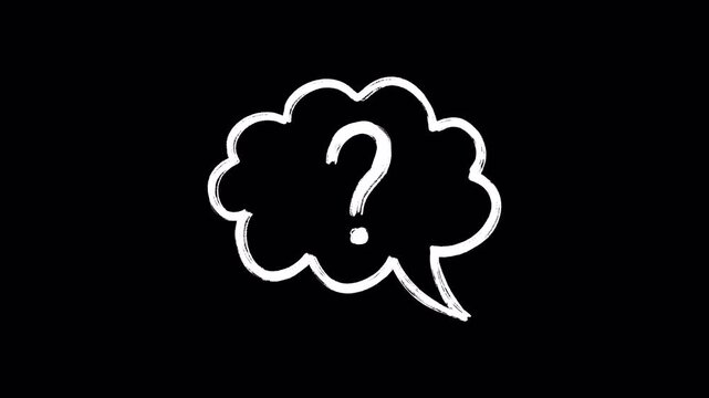 Hand-drawn white cloud speech bubble animation loop featuring a scribble question mark inside. Animated thought cloud or dialogue box for inquiry and doubt, isolated on transparent alpha channel