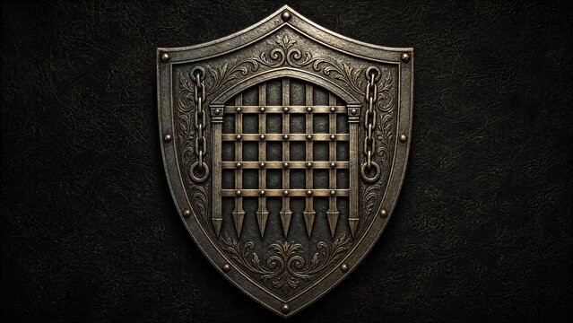 Stylized heraldic portcullis design engraved on a medieval shield, metallic sheen.