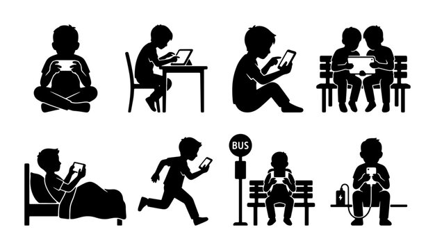 Children Using Mobile Devices, Kids with Smartphones and Tablets, Digital Lifestyle Icons, Screen Time Activities, Vector Illustrations