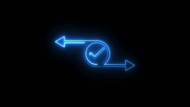 Neon blue outline checkmark with moving directional arrows on black background clip.