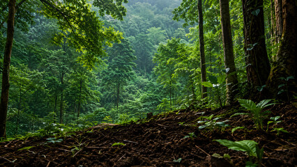 Fototapeta premium Dense green rainforest landscape with fertile soil and tall trees