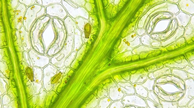 Microscopic Leaf Surface with Stomata and Sap Flow

