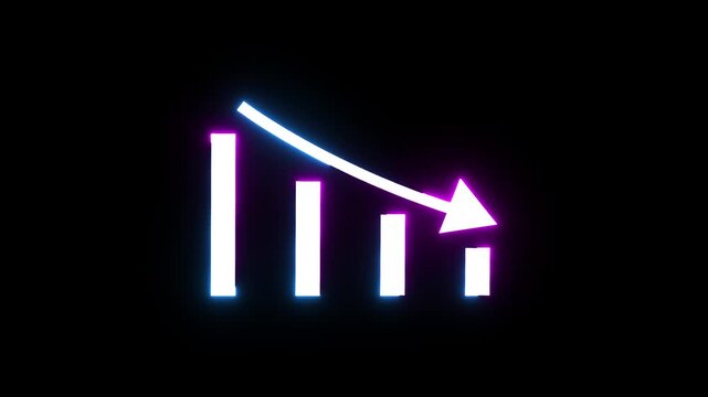 Animated declining bar chart with neon arrow indicating downward trend motion graphic.