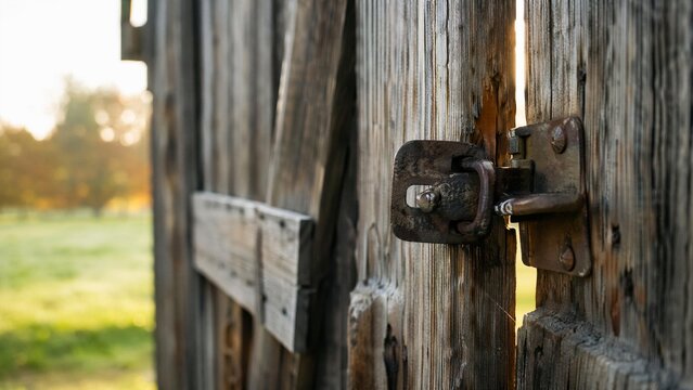 Weathered wooden barn door with aged metal hasps in morning light.
