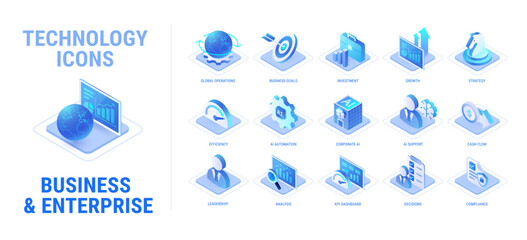 Naklejka premium Technology icons set for business and enterprise workflow diagram - AI automation, KPI dashboard, strategy, global operations, corporate AI, analytics, compliance - high quality isometric vector