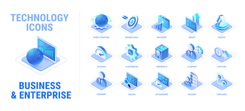 Technology icons set for business and enterprise workflow diagram - AI automation, KPI dashboard, strategy, global operations, corporate AI, analytics, compliance - high quality isometric vector