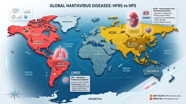 Global hantavirus diseases HFRS versus HPS world map with lungs and kidney