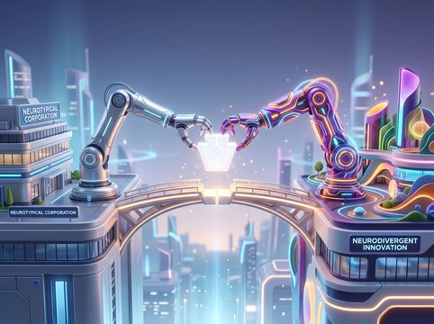 3D Isometric Neurodiversity Bridge Concept with Robotic Arms for Workplace Inclusion and Collaborative Innovation
