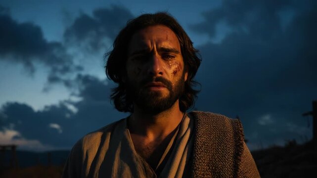Close-up of Jesus suffering on the cross at twilight. Crucifixion of Christ on Golgotha. Sorrowful biblical scene of sacrifice
